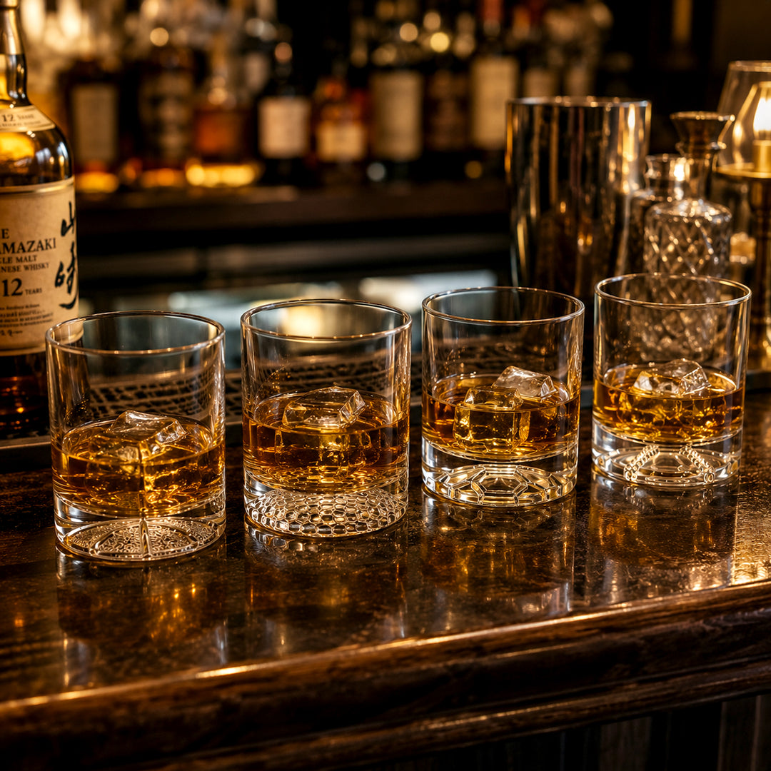 Homestia 10OZ Whiskey Glasses Set of 4, Heavy Bottom with Carved Ball